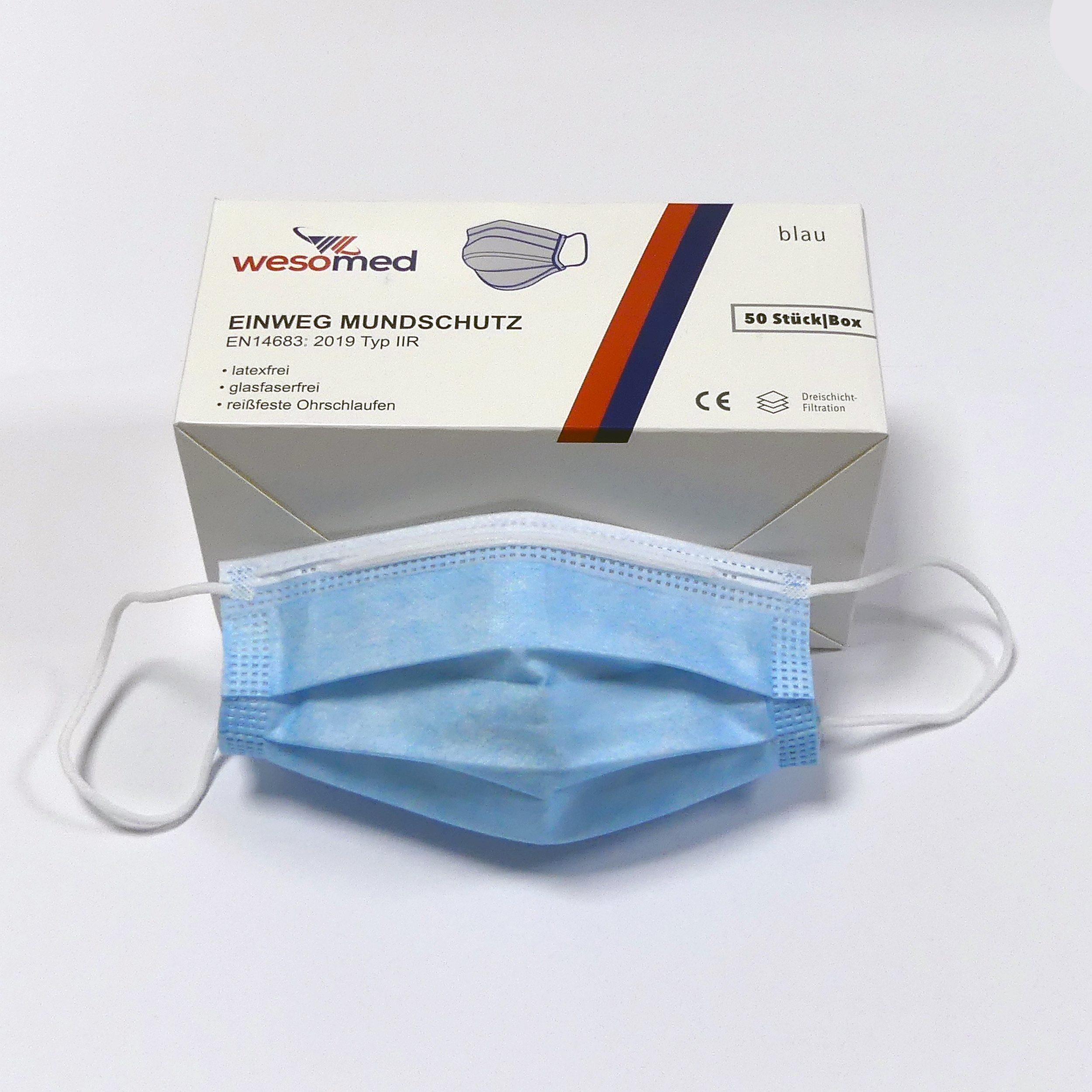 Mascarilla quirúrgica desechable, azul - Tipo IIR, 3 capas / paquete de 50 unidades - Aplicación: protege al usuario de la inhalación 
de b... - imagen-1